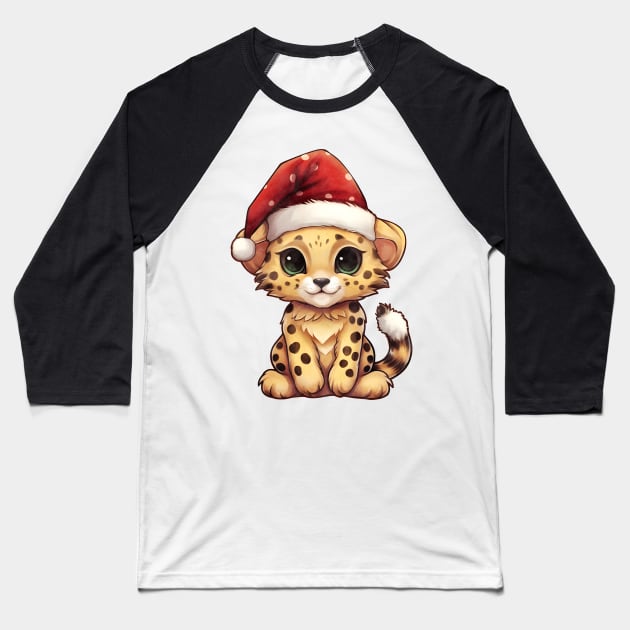 Cheetah in Santa Hat Baseball T-Shirt by Chromatic Fusion Studio
